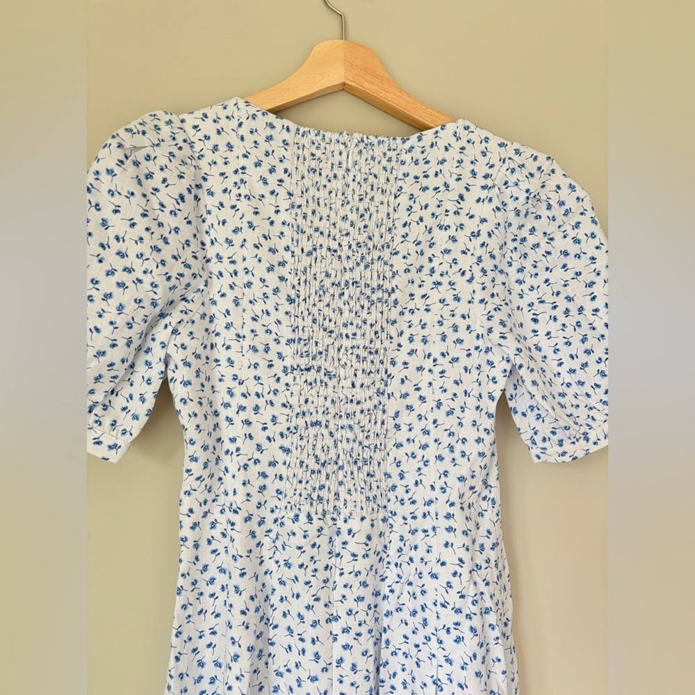 NEW Reformation Coucou Midi Linen Dress Hanna White Blue Floral | US 4 UK 8 - Picture 14 of 16